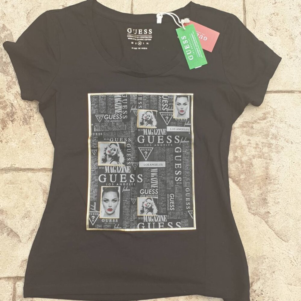 NWT Guess Logo T Shirt Black Gray Gold Classic Fashion Women Casual Wear Size M